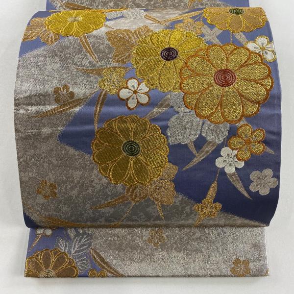 美品 袋帯 秀品 草花 梅 金銀糸 箔 紫 六通 正絹 中古 在庫一掃