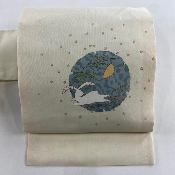 名古屋帯★夏用★絽★正絹★白★刺繍★クリーム　中古　Ｏ-133 名古屋帯 名品 夏帯 雪輪 うさぎ クリーム 正絹 中古 : リユース