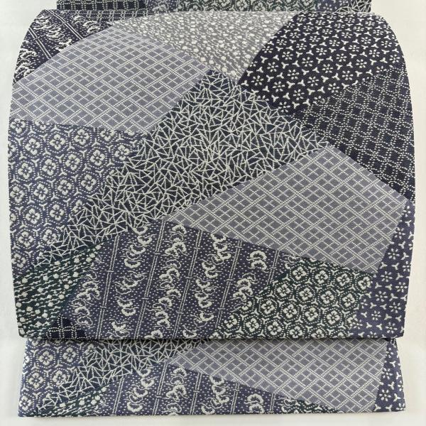美品 袋帯 秀品 寄せ柄 花 青灰色 六通 正絹 中古 : リユースセレクト