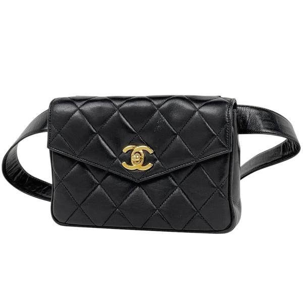 美品 CHANEL レザー ウエストポーチ マトラッセ ココマーク ブラック CHANEL（シャネル） ココマーク ウエストバッグ マトラッセ ウエスト