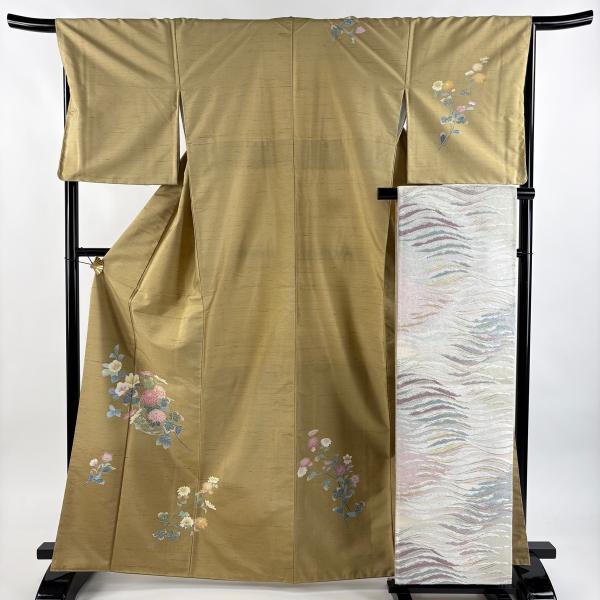美品 付下げ 身丈166cm 裄丈67.5cm L 袷 袋帯セット 紬地 落款あり 菊