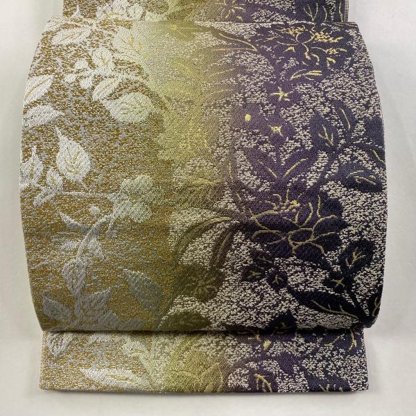 美品 袋帯 名品 本泥染 草花 箔 薄茶色 六通 正絹 中古 : リユース