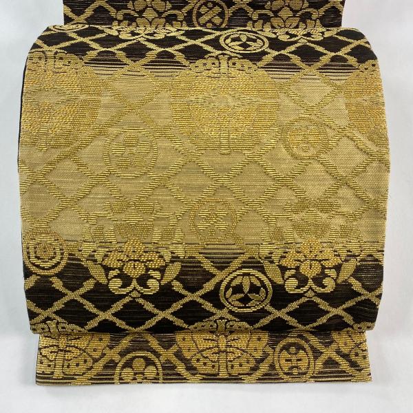 袋帯 名品 向蝶 草花 金糸 薄茶色 六通 正絹 中古 在庫一掃 : リユース