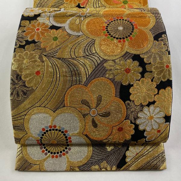 振袖向き袋帯　美品！　流水に花模様 美品】 袋帯 名品 振袖向き 松竹梅 流水 金糸 箔 金色 六通 正絹