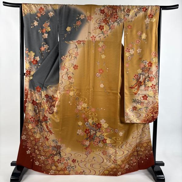 美品 振袖 身丈166.5cm 裄丈67cm L 袷 鈴乃屋 御所車 桜 金糸 金彩