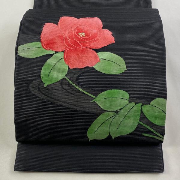 美品 開き名古屋帯 優品 夏帯 絽 薔薇 金糸 黒 正絹 中古 : リユース