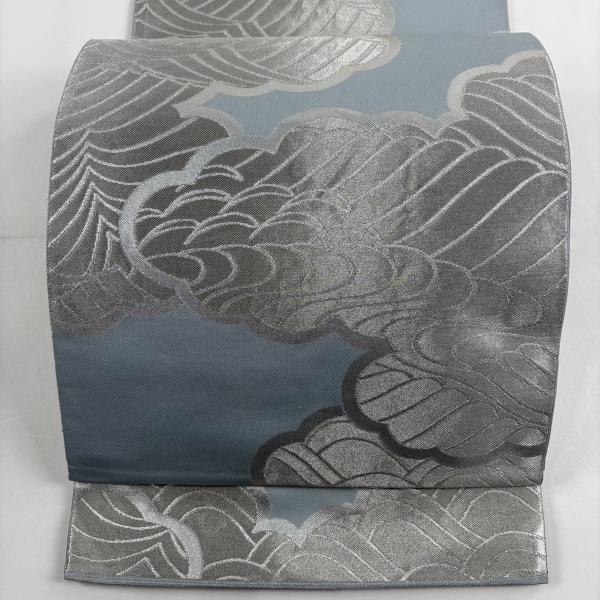袋帯 秀品 川島織物 落款あり 関西仕立て 雲文 波 銀糸 箔 水色 六通