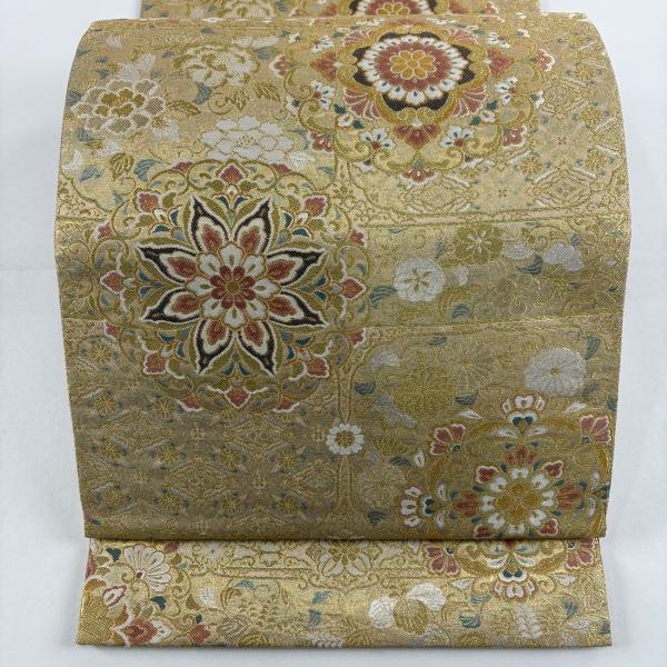 美品 袋帯 秀品 華文 草花 刺繍 金銀糸 金色 六通 正絹 中古