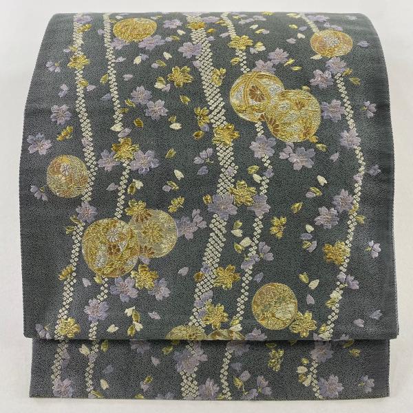 袋帯 秀品 桜 鞠 金銀糸 灰色 六通 正絹 中古 : リユースセレクト