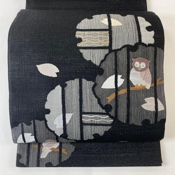 美品 袋帯 名品 雪輪 フクロウ 金糸 黒 お太鼓柄 正絹 中古 : リユース