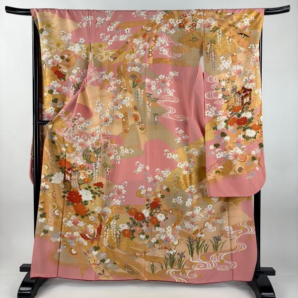 振袖 身丈163.5cm 裄丈70.5cm L 袷 御所車 桜 金彩 ピンク 正絹 名品