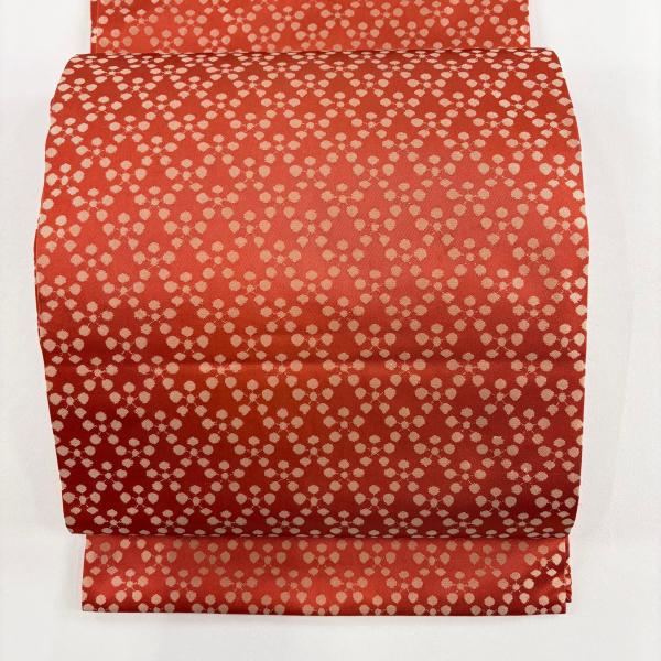 美品 開き名古屋帯 名品 龍村美術織物 比翼仕立て 利休緞子 朱色 正絹