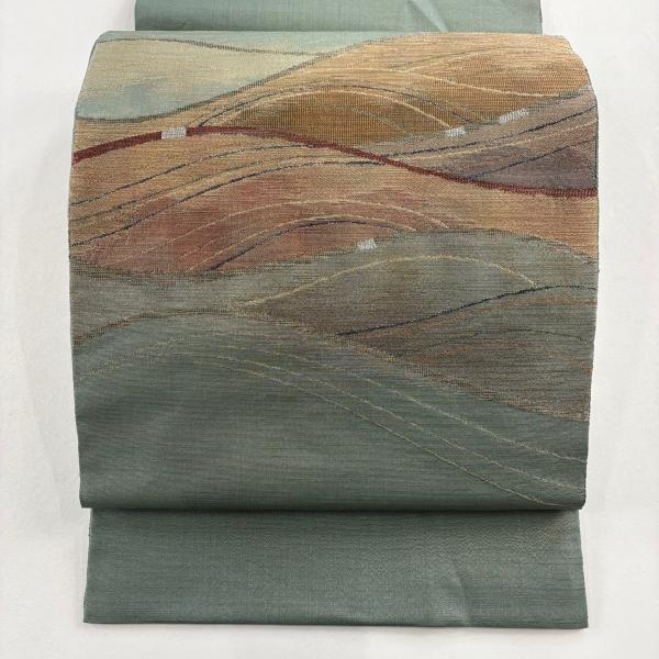 美品 袋帯 秀品 落款あり 波 幾何学 金銀糸 緑 お太鼓柄 正絹 中古