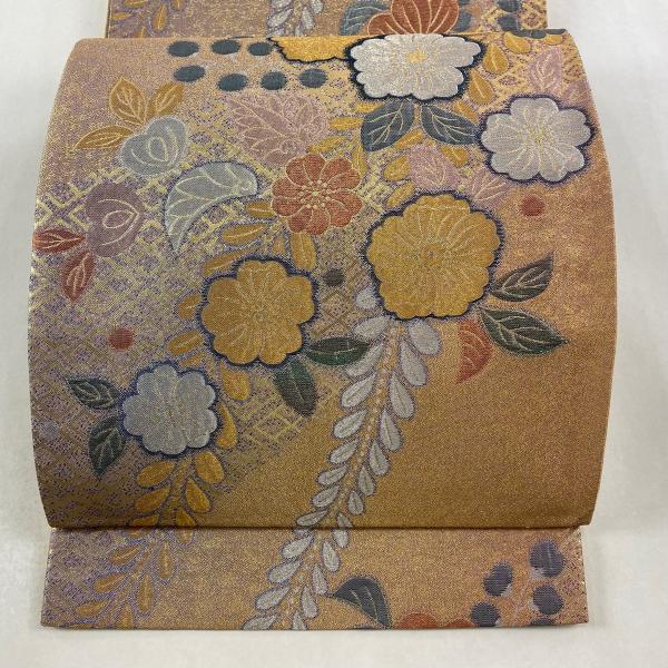 美品 袋帯 秀品 辻が花 菱 箔 薄茶色 六通 正絹 中古 : リユース