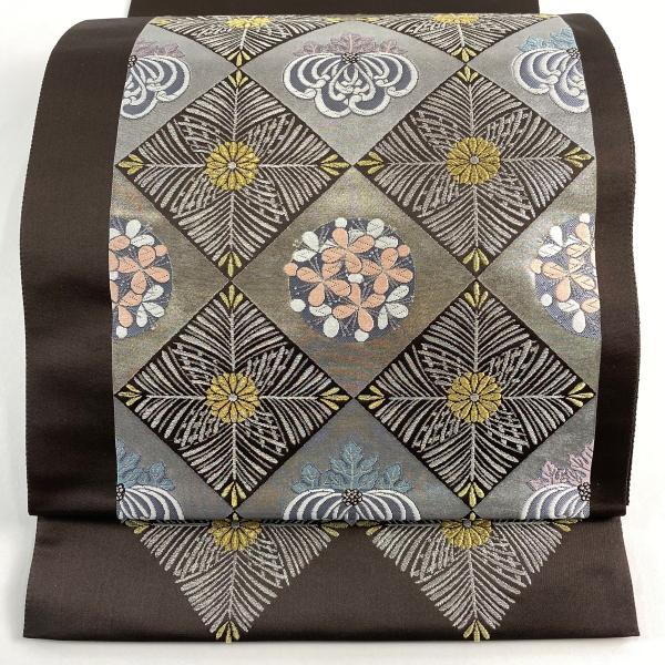 美品 袋帯 秀品 桐 若松菱 金銀糸 箔 焦茶色 六通 正絹 中古