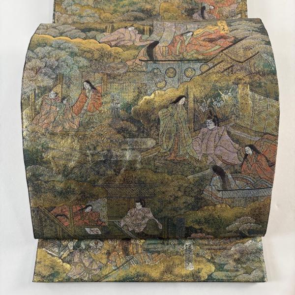 美品 袋帯 名品 全通全景図 源氏物語絵巻 箔 金色 全通 正絹 中古