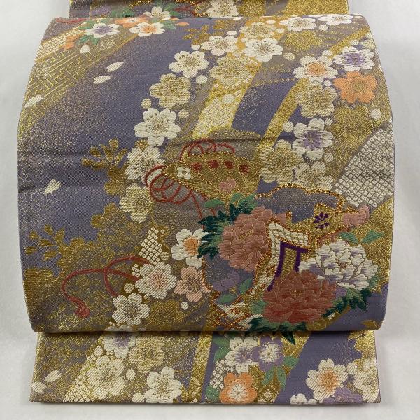 袋帯 秀品 振袖向き やまと 御所車 桜 箔 金糸 薄紫 六通 正絹 中古