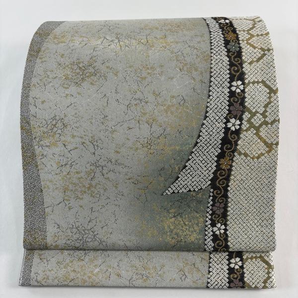 美品 袋帯 秀品 桜 熨斗 箔 金糸 銀色 六通 正絹 中古 : リユース
