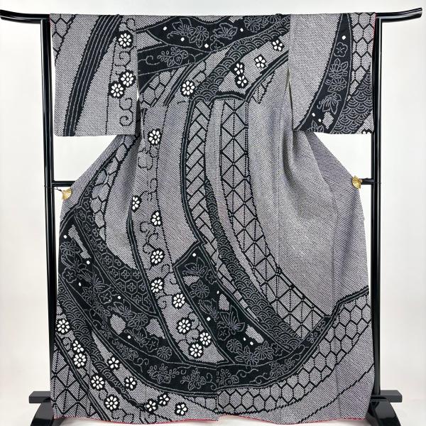 美品 訪問着 身丈165cm 裄丈64.5cm M 袷 鈴乃屋 熨斗 花 総絞り 黒