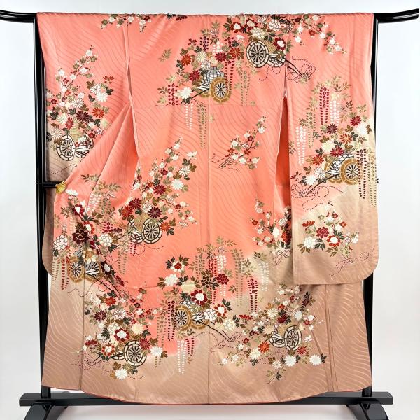 振袖 身丈156.5cm 裄丈66.5cm M 袷 花車 牡丹 金糸 金彩 ピンク 正絹