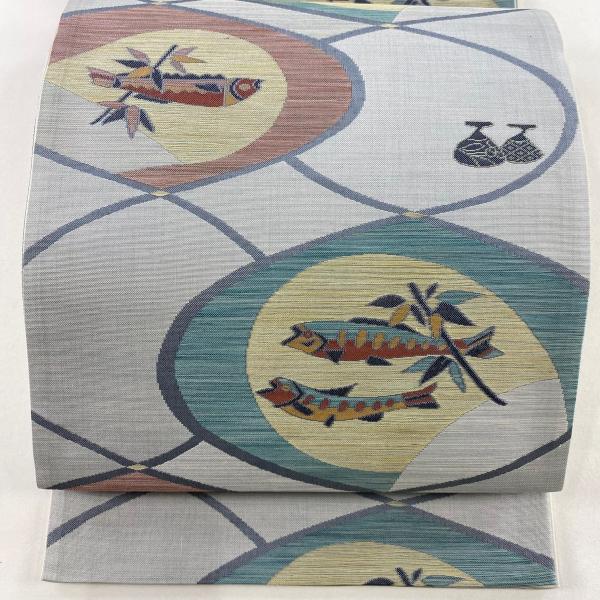 美品 袋帯 名品 紬地 魚 生り物 青灰色 六通 正絹 中古 : リユース
