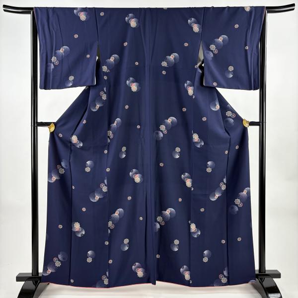 小紋 身丈162.5cm 裄丈64.5cm 正絹 秀品 【中古】 美品 小紋 身丈162.5cm 裄丈64.5cm M 袷 花 丸文 紺色 正絹 秀品 中古
