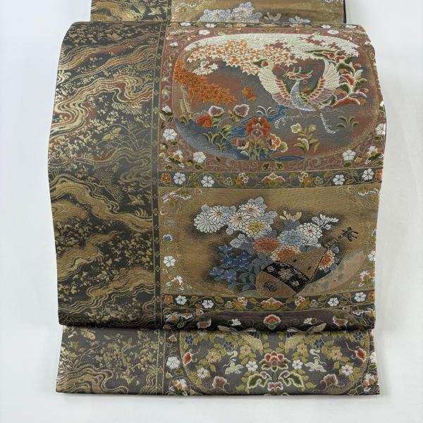 専用 V9374.9329.9368 三点セット ●高級 正絹 六通 袋帯 琵琶 美品 袋帯 秀品 祥樹鴛鴦文 琵琶 箔 茶緑色 六通 正絹 中古 : リユース