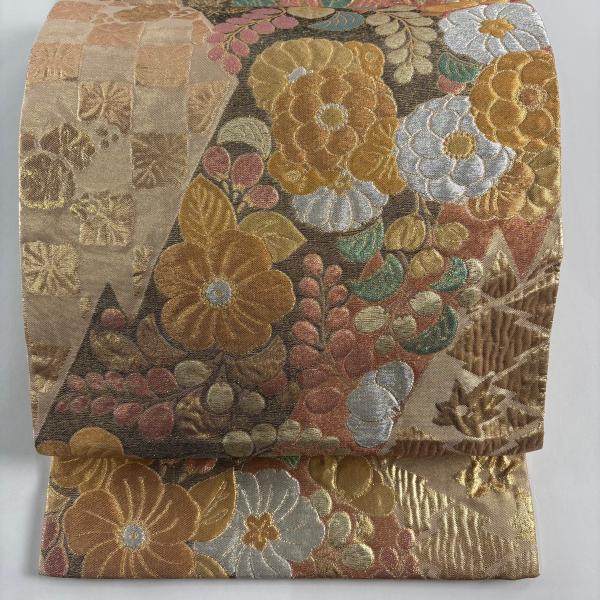 袋帯 秀品 振袖向き 辻が花柄 松皮菱 箔 金銀糸 金色 六通 正絹 中古