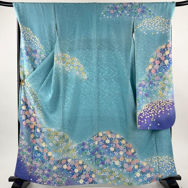 美品 振袖 身丈163cm 裄丈71cm L 袷 桜 草花 金通し 金糸 水色 正絹