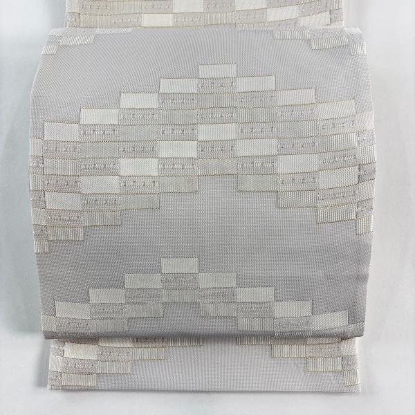 袋帯 名品 夏帯 紗 幾何学 金銀糸 灰白 六通 正絹 中古 : リユース