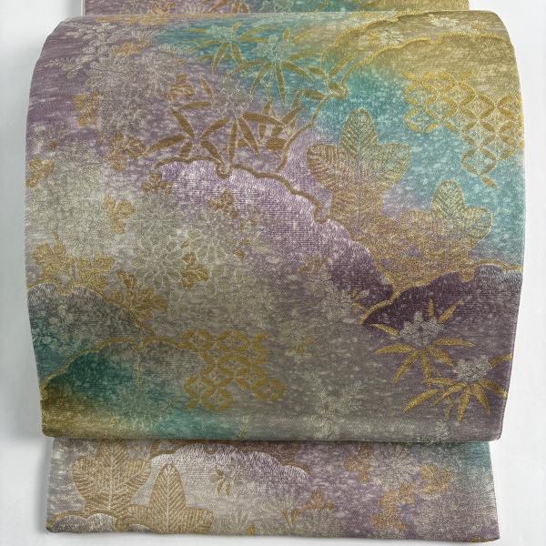 美品】 袋帯 名品 雪輪 ベスト 松竹梅 金銀糸 ぼかし 薄緑 全通 正絹