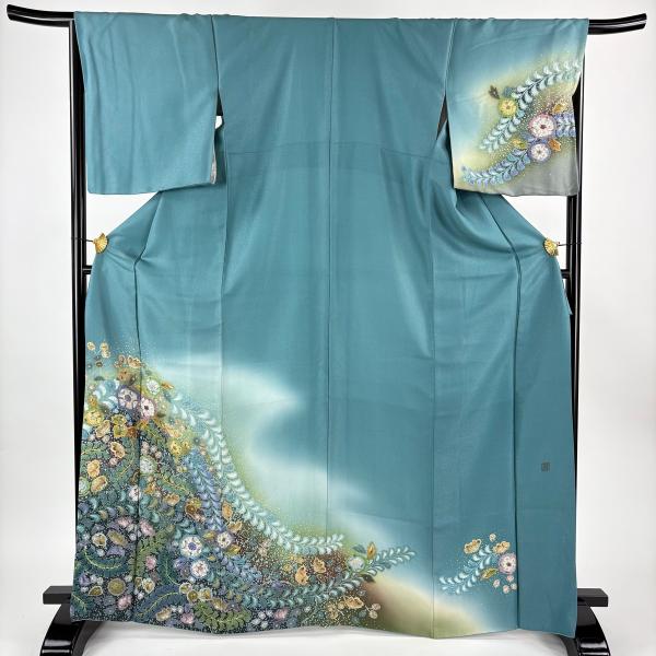 高級 訪問着 正絹 袷 吉乃一廉 落款 辻が花 銀通し ぼかし 青緑 訪問着 身丈167.5cm 裄丈68cm L 袷 吉乃一廉 落款あり 辻が花 銀通し