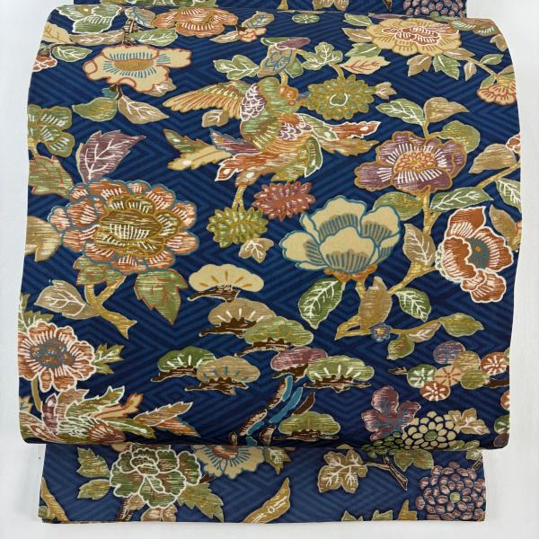 袋帯 逸品 山岡古都 落款あり 枝花 入子菱 紺色 全通 正絹 中古