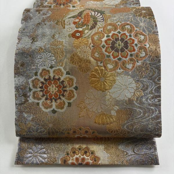 美品 袋帯 秀品 菊華文に流水 唐織 箔 銀色 全通 正絹 中古 : リユース