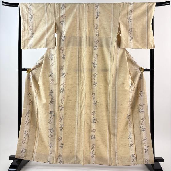 紬 身丈163.5cm 裄丈66cm M 袷 鳥獣戯画 縦縞 ベージュ 正絹 逸品 中古