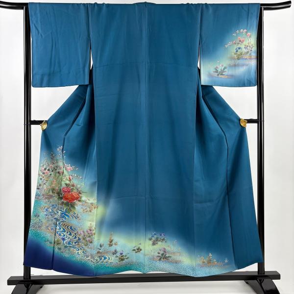 訪問着 身丈154.5cm 裄丈65cm M 袷 鈴乃屋 牡丹 流水 刺繍 金糸 青緑