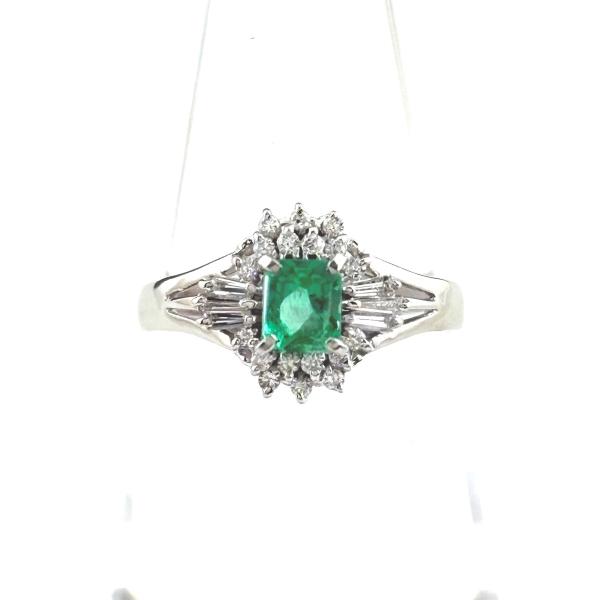 エメラルド デザインリング プラチナ 指輪 メレダイヤ リング 15号