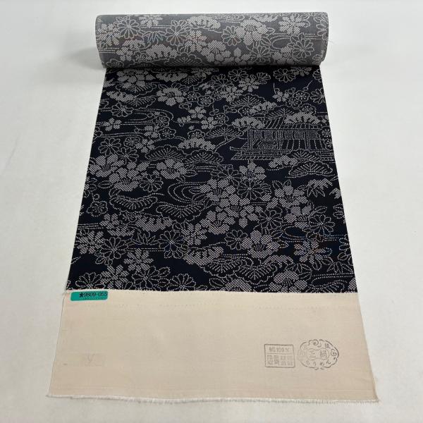 反物 秀品 小紋 松竹梅 建物 黒 正絹 中古 : リユースセレクトショップ