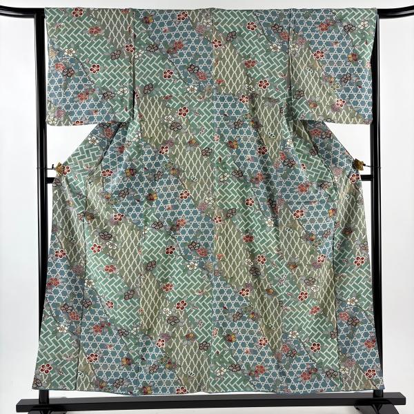 小紋 身丈154cm 裄丈64cm M 袷 椿 蝶 金彩 灰緑 正絹 秀品 中古 在庫