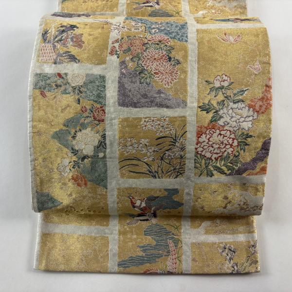袋帯 秀品 落款あり 花鳥 蝶 金糸 箔 金色 六通 正絹 中古 : リユース