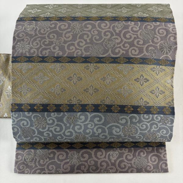 美品 名古屋帯 秀品 花菱 花唐草 金銀糸 灰紫 正絹 中古 : リユース