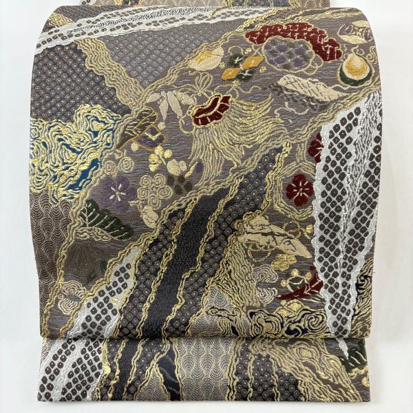 美品 袋帯 逸品 誉田屋源兵衛 落款あり 竹笹宝尽し 金銀糸 箔 灰紫