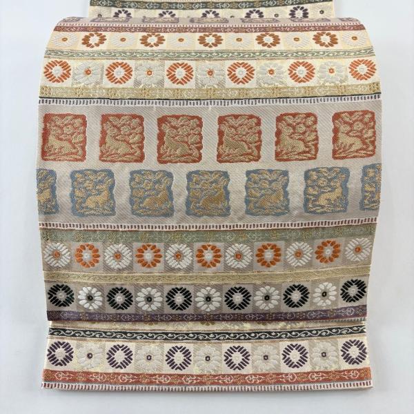 美品 袋帯 逸品 河村織物 落款あり 名物裂段文 花うさぎ 金糸 箔 金色