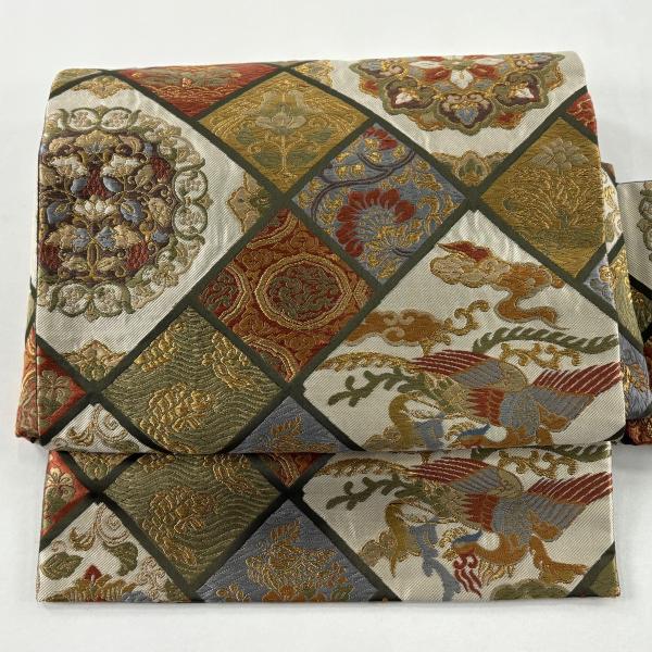 美品 付け帯 秀品 華文 鳥 刺繍 金糸 薄茶色 正絹 中古 : リユース