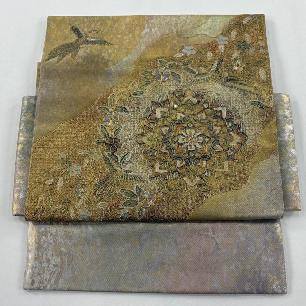 美品 付け帯 秀品 作り帯 華文 花鳥 螺鈿 金銀彩 金色 正絹 中古