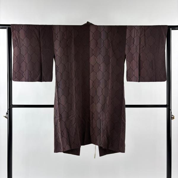 美品 道中着 身丈101cm 裄丈63cm S 和装コート 着物衿 縞 網目文 茶紫