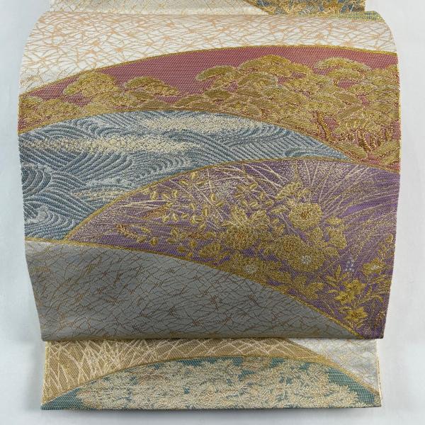 新品未使用 モダンな市松 巧みな流線 引箔高級六通柄袋帯 螺鈿金糸 グレイ濃淡 新品未使用 モダンな市松 巧みな流線 引箔高級六通柄袋帯