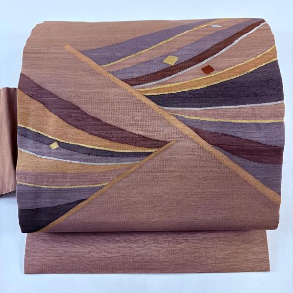 名古屋帯 秀品 紬地 幾何学模様 箔ちらし 金銀彩 小豆色 正絹 中古