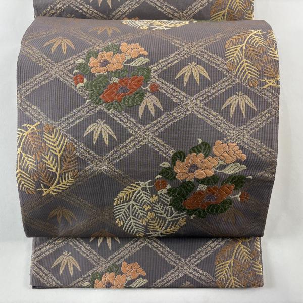 袋帯 秀品 椿 若松 箔 刺繍 灰紫 六通 正絹 中古 : リユースセレクト