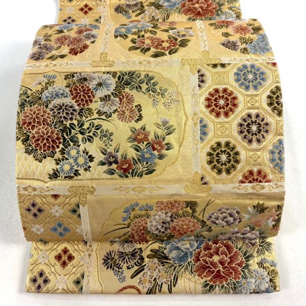 美品 袋帯 秀品 欄間花車文 金糸 箔 金色 六通 正絹 中古 : リユース